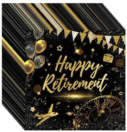 60 Stück Servietten Ruhestand 33x33cm Ruhestand Servietten Schwarz Gold, Rente Deko Papierservietten Happy Retirement Tischdeko für Partys und Feiern