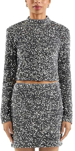 QS Damen Qs X Vanessa Mai | Paillettenshirt T-Shirt Langarm