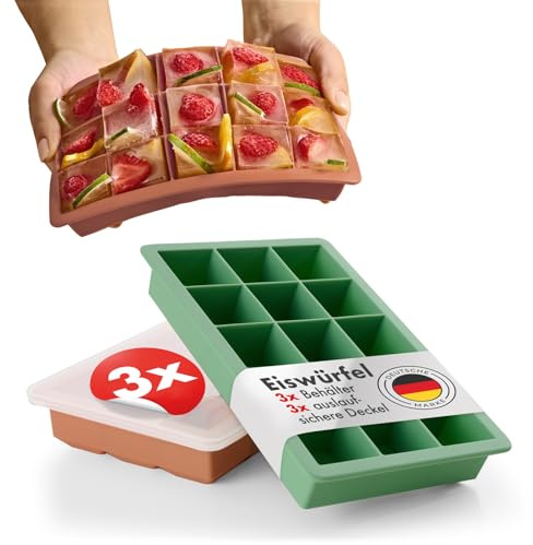 Blumtal Eiswürfelformen Silikon 3er Set - 15er Eiswürfelform mit Deckel - BPA-freie Silikon Eiswürfelform - Ice Cube Tray lebensmittelecht - Ice Tray - Olivgrün + Olivgrün + Mineral Rot