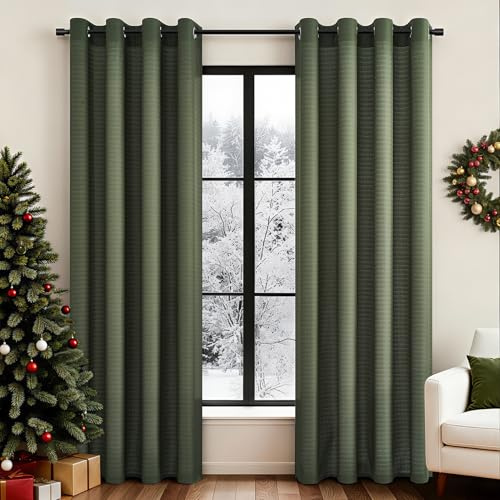 Topfinel Gardinen Kurz Voile Vorhang mit Ösen Modern Schlafzimmer Halbtransparent Gardinen Leinenoptik für Kinderzimmer Küche 140x160cm 2er Set Grün