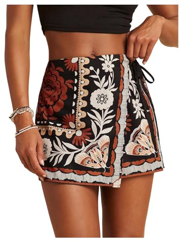 SweatyRocks Women's Boho Mini Skirts Floral Shorts Tie Side Wrap Elastic Waist Summer Skorts Beach Vacation Outfits Black Medium