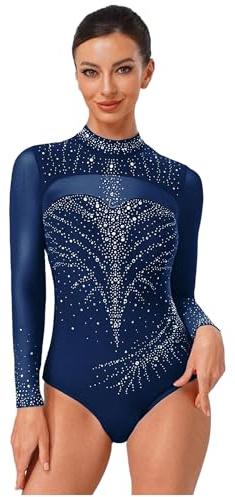 Jydiazi Damen Turnanzug Langarm Glitzer Strass Gymnastik Tanz Trikot Mit Durchsichtige Mesh Eislaufen Ballett Leotard A_Navy blau XXL