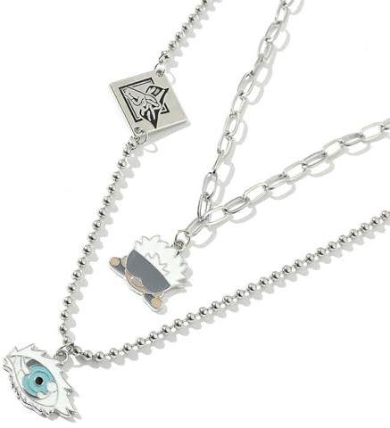 GAUEIOUR Anime Necklace Jujutsu Cosplay Accessories Pendant Double Layer Stainless Steel Satoru Gojou Necklaces,Perfect for Daily Wear & Anime Fans,Great Gift for Fans (Silver)