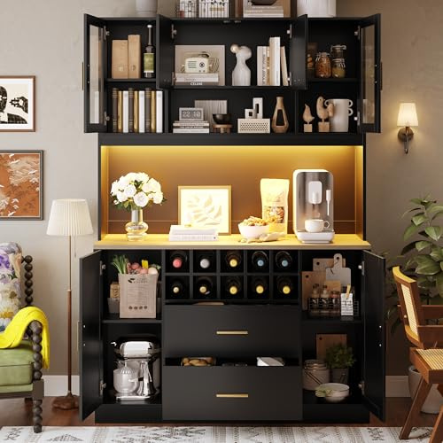 Huayz Küchenschrank Hoch 180 mit LED Lichtleiste & USB Buchse, Hochschränk Vorratsschrank mit 6 Türen und Stauraum Schubladen für Wohnzimmer, Küchenbuffet Buffetschrank für Esszimmer