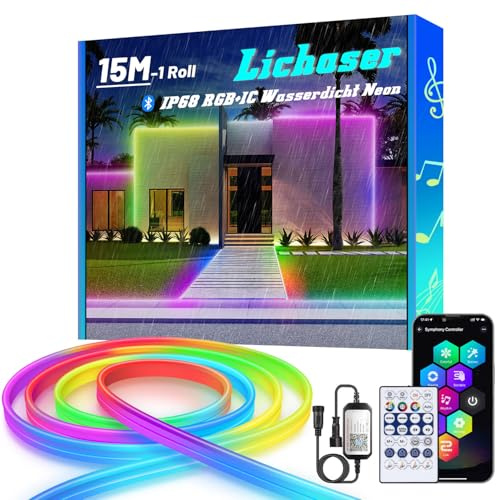 Lichaser RGB+IC Outdoor Neon LED Streifen, IP68 Bluetooth LED Strip Aussenbereich mit Smart-App, 24V DIY Flexibler Silikon Lichtband Außen Wasserdicht für Pavillon, Balkon, Garten, Party (15M*1)