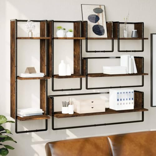 Yisssmeng 6er Wandregal Set Räuchereiche 30/65/100 cm hoch Holzwerkstoff mit Metallstange Modernes schwebendes Regal für Wohnzimmer Küche Bad & Büro