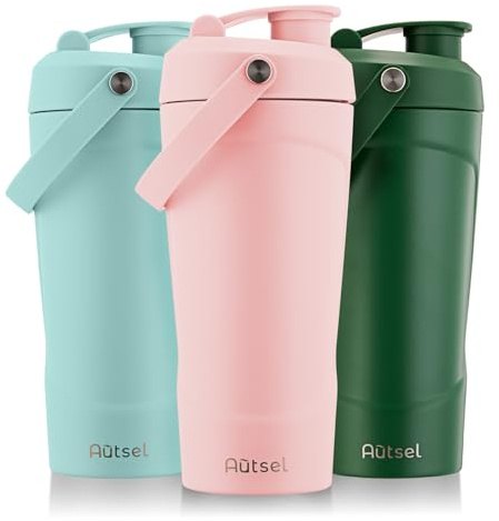 Autsel Protein Shaker, 750ml Stainless Steel Shaker Bottle for Fast | Clump-Free Mixing, Insulated Metal Protein Shaker Cup with MixBall and Handle, Leak-Proof & BPA Free, Pink