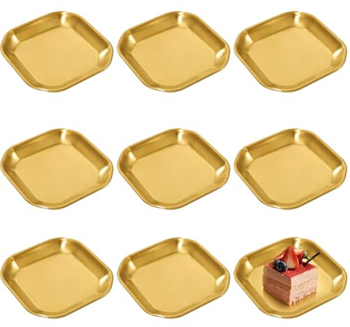 Mocifa 8 Pcs Plateau Service Doré Carrée, Petite Assiette Dorée, 12 x 12 cm | Petite Plateau Inox Doré, Plateau de Service Carré en Acier Inoxydable, pour Apéritifs, Desserts, Sushis, Fruits