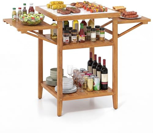 GOPLUS Grilltisch aus Akazienholz, Servicetisch outdoor mit klappbaren Seitenablage & 2 offene Ablagen, Gartentisch mit Tischplatte in Marmoroptik, BBQ-Tisch, Campingtisch für Garten, Terrasse, Balkon