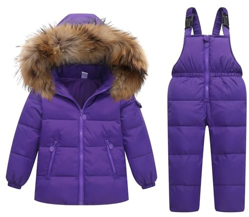 Bambino Tuta da Sci - Piumino con Cappuccio + Pantaloni da Sci Completo da Neve 2 Pezzi Tuta da Neve per Bambino Snowsuit Caldo Invernale Salopette e Giacca Cappotto, Viola 3-4 Anni