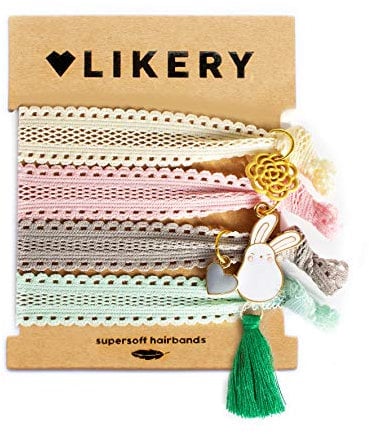 Supersofte Haargummis | Armbänder | Geschenke für Frauen Kinder Mädchen | Haargummi Anhänger | Armband aus Stoff mit Glitzer und süßen Anhängern | Farbe: Pastelltöne (Springlove)