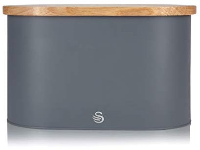Swan SWKA17512GRYN Nordic Scandi Bread Bin with Bamboo Cutting Board Lid, Slate Grey, Steel, One Size
