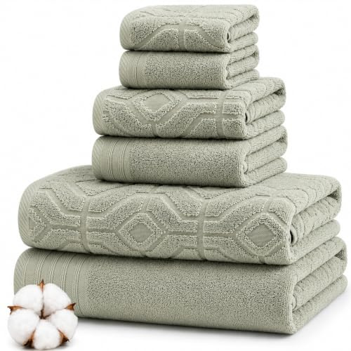 Modern Threads 6 Piece Cotton Bath Towel Set – Ultra Soft 550 GSM Towels – Bathroom Set with Hand Towels and Washcloths – Geometric (Soft Olive)