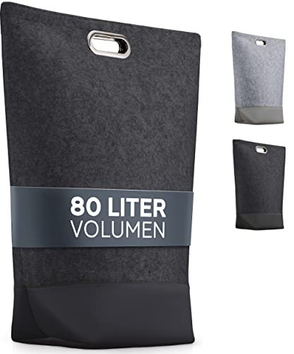 TULENO® XL Wäschesammler aus Filz Stoff - Wäschesack mit Griffen verschließbar - Großer Wäschekorb faltbar als Wäschetasche und Sammler für Schmutzwäsche schwarz
