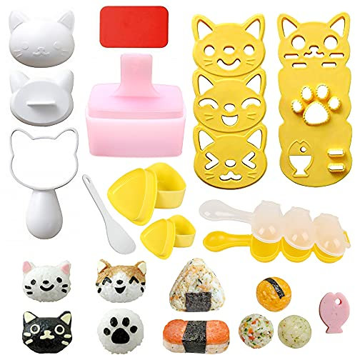 Cute Cat Rice Ball Molds 6 Sets Sushi Molds Bento Box Accessories Kits with 1PC Musubi Maker Press Mold, 2PCS Gimbap Molds Triangle and 1PC Rice Ball Mold Shaker for DIY Fun Lunch Box Picnic Tool