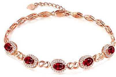 Gualiy Echtes 18K Roségold Link Charms Armband für Frauen 2.1cttw Rubin Diamant Perlenarmband (17+2) cm/(6.8+0.8) in