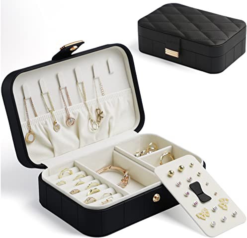 KAMIER Reise Schmuckkästchen für Damen, Schmuckaufbewahrung für Ohrringe, Ring, Halskette, klein Schmuckschatulle für Frauen, Mädchen, Ehefrau, Geschenk, Schwarz