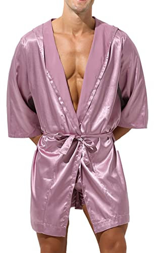 Nimiya Homme Lingerie Sexy Erotique Kimono Ouvert Satin Peignoir de Bain Manche Longue Confortable Robe de Nuit Pyjama Chemise de Nuit Rose M