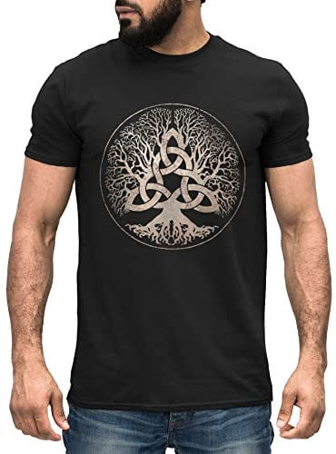Neverless® Herren T-Shirt Yggdrasil Weltenbaum nordische Mythologie Asgard Götter Wikinger Kelten Germanen schwarz-Gold 5XL
