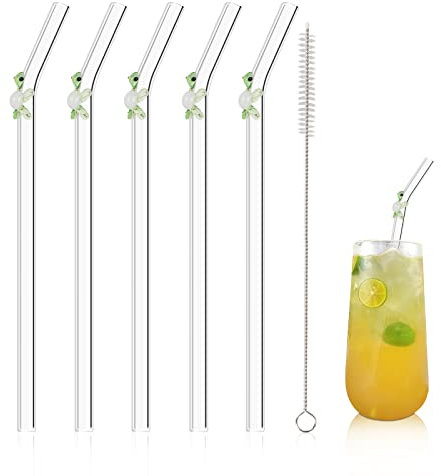 Olpchee 5 Stück wiederverwendbare Trinkhalme aus klarem Glas, buntes Schildkröten-Design, Größe 19,8 cm x 8 mm, mit 1 Reinigungsbürste für Smoothies, Milchshakes, Säfte, Tee (grün)