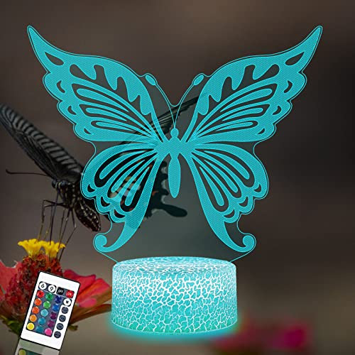 PONLCY 3D Illusion Lampe Schmetterling Led Nachtlicht, 16 Farben Fernbedienung USB Schreibtischlampen, Schlafzimmer Dekoration Tischlampe für Kinder Weihnachten Geburtstag Geschenke