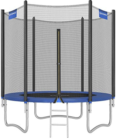 SONGMICS Trampolin Outdoor Ø 183 cm, Gartentrampolin für Kinder mit Sicherheitsnetz, Randabdeckung, Leiter, 180 cm hohe gerade Stangen, Stahl-Rahmen, schwarz-blau STR061Q01