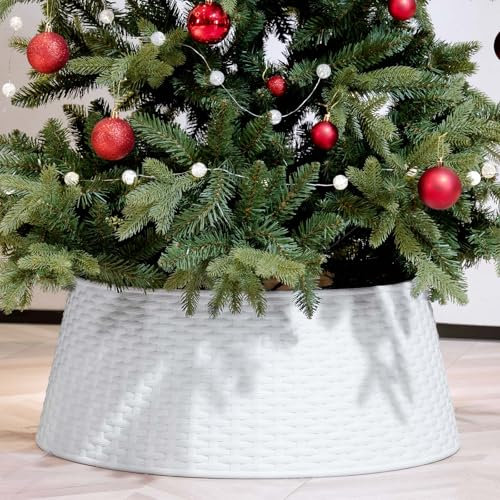 HarcoHome Runder Rattan Weihnachtsbaum Kragen Weide Weihnachtsbaum Ring Rock Basisabdeckung Weihnachtsdekorationen für Weihnachtsbaum Kunststoff Weide 65 cm Boden Durchmesser und 25,4 cm Höhe (weiß)