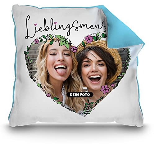 PR Print Royal Fotokissen mit Spruch - Lieblingsmensch - zum selbst gestalten Kissen mit Foto in Herzform - Geschenke zum Jahrestag | inkl. Füllung, Rückseite Hellblau, 40 x 40 cm