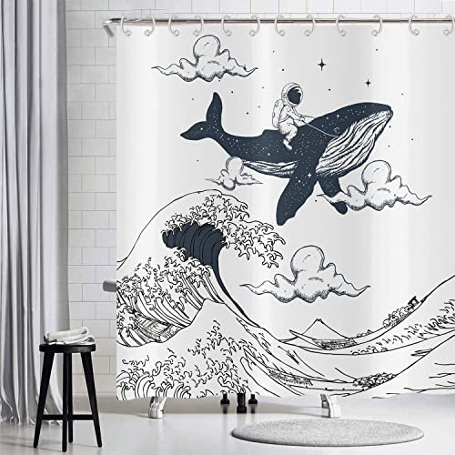 Hnmdmyi Duschvorhang Lustig 180x200, Astronauten Reiten Wale im Ozean Welle Badewanne Vorhang Orientalisch Vintage Kanagawa Japanische Wellen Kunst Kinder Wasserdicht Stoff Waschbar Badevorhang