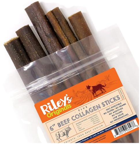 Riley's Bâtonnets de collagène de bœuf de 15,2 cm pour chiens, bâtonnets de collagène pour chiens, bâton de bully et alternative au cuir brut, longue durée, sans peau crue, friandise pour chien à
