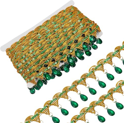 FINGERINSPIRE 9 m 48.5 mm Breit Hängende Perlen Fransen Spitze Grüne Strassperlen Fransenbesatz Polyester Nähen Fransen Quastenbesatz Meterware Für Handgefertigte DIY Kleidung Vorhangdekoration