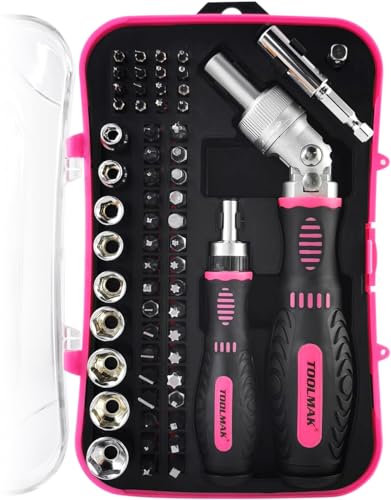 TOOLMAK Ratcheting Screwdriver Set 61pcs Socket Set & Screwdriver Bit Set with Rotatable Ratchet Handles & Storage Case, Household Repair Tool Kits for Bike-Pink