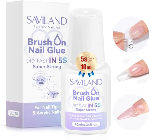 Saviland Quick Dry Nail Glue 10 ml: Extra Strong Nail Glue for Acrylic Nail Tips & Press on Nails Castor Oil & Vitamin E False Nail Glue Long Lasting Brush on Gel Nail Glue for Nail Art Salon Home Use