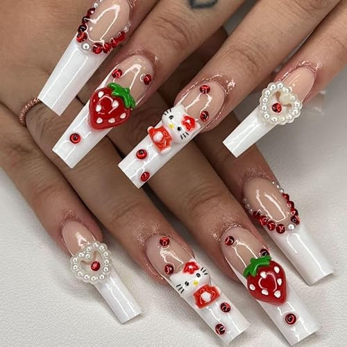 MouyouGlow Press on Nails Lang,Ballerina Cute Kawaii Nude Weiß French 3D Erdbeeren Kitty Carton Diamant Pearl Herz Y2K Coquette Fake Nails mit Nagelkleber,