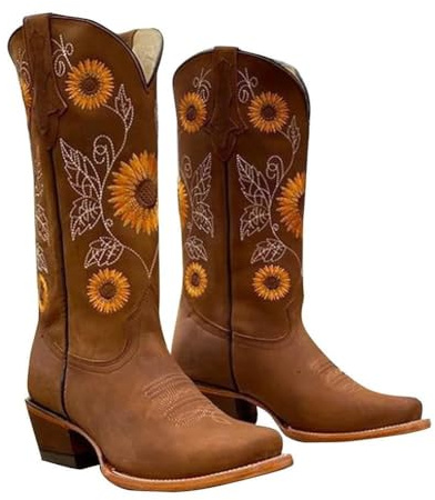 BERULL Western cowboystövlar för kvinnor bred vad låg klack slitna cowgirlstövlar höst stövlar för kvinnor mitten av vaden cowgirl västerländska stövlar solros broderi sydda tossor