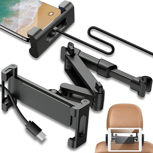 Retoo Soporte Tablet Coche Reposacabezas, Sujeta Cabezas 360° Rotación, Ajustable para Niños, Compatible con Dispositivos de 140-250mm, Funda y Accesorios para Móvil y Tablet