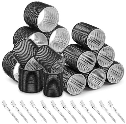 Lockenwickler Locken Set 24 Stücke, Große Curlers Ohne Hitze Selbsthaftend Haftwickler, Groß Jumbo Hitzefreie Haarwickler Hair Rollers 64MM 48MM mit 12 Stücke Entenschnabelclips für Lange und Kurze