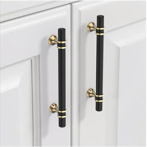 9BUILD 10 Stück Schrankgriffe Schwarz Gold Lochabstand 128mm Griffe für Küchenschränke Gerändelte Möbelgriffe Küchengriffe griffe möbel Küchenschrank Schranktürgriffe EU0044