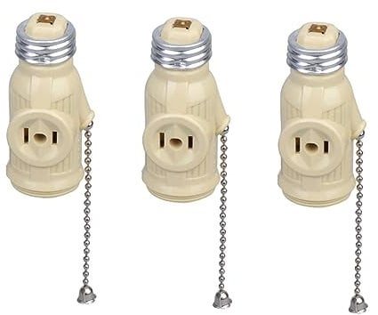 Veemoon 3 Pcs E26 Lamp Holder Adapter with Pull Chain Two Outlet Screw Socket and Threaded Collar for Bedroom Workshop