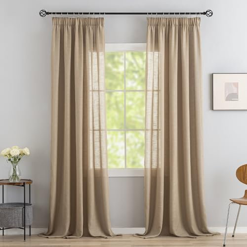 VOILYBIRD 2er Set Leinen Mischgewebe Vorhänge mit Kräuselband Leinenoptik Gardinen für Schlafzimmer Wohnzimmer (HxB 220 x 140 cm, Latte Braun)