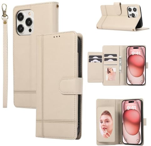 ONV Mirror Wallet Case Compatible for iPhone 8 Plus - Lines Leather Case Card Slot Stand Strap Shockproof Cash Pocket Solid Color Magnet Flip Cover for iPhone 8 Plus/iPhone 7 Plus 5.5 [CX] -Beige