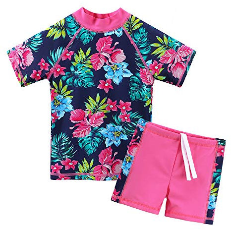 ZNYUNE Girls 2PCS Swimsuit Short Sleeve Kids BeachSwimming Set Costume for 3-12Years S200 NavyFlower 16A