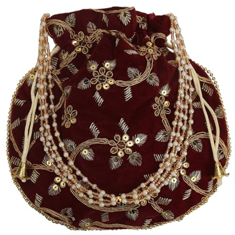 Craft Trade Indisch Potli-Tasche Baumwolle Seide Damen Potli-Geldbörse Frauen Potli Tasche Handbestickte Clutch-Taschen für Hochzeits Party und Geschenke H-8.5 x W-8 Zoll