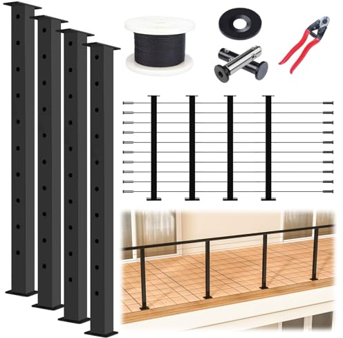Muzata 16-20FT Modular Black Cable Railing Kit 36 Inch 5 Level Post Kit Complete Set Cable Railing System for Decks Length Adjustable Easy DIY with Paper User Guide (No Handrail) RW17