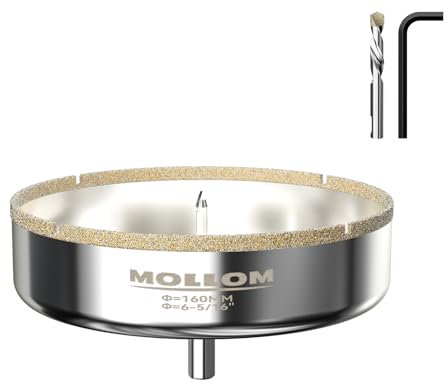 MOLLOM (160mm | 6-5/16) Scie Cloche Diamantée avec 2 Mèches Pilotes Amovibles pour une Coupe Lisse sur les Carreaux en Porcelaine, Verre, Céramique, Marbre, Fibre de Verre, etc