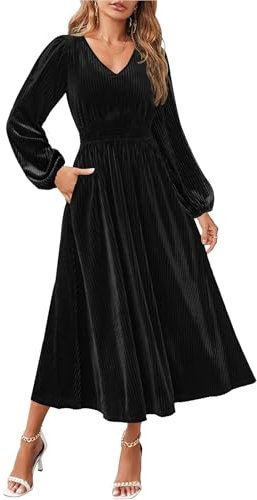 JUOIANTANG Damen Samtkleid V-Ausschnitt Langarm Elegant Cocktailkleid Hohe Taille Partykleid Fließend Abend Kleider L