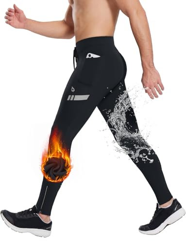 BALEAF Herren Fleece gefütterte Thermohose Radlerhose wasserdichte Laufhose mit Taschen Kaltes Wetter Wanderstrumpfhosen Schwarz L