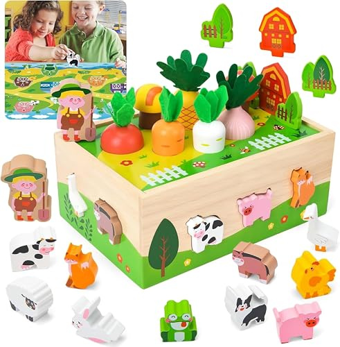 MonteSpi Wooden Farm Toy Set, Montessori Animal Learning Toy for Toddlers | Educational Farm Play Set with Wooden Animals, Sensory Toy for 1-3 Year Olds, Improves Motor Skills and Imagination