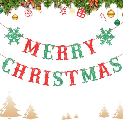 Ouligay Rot Grün Merry Christmas Girlande, Hängend Weihnachten Banner Wimpel, Merry Christmas Banner, Weihnachtsbanner Weihnachten Ornamente Deko für Weihnachts Party Dekoration