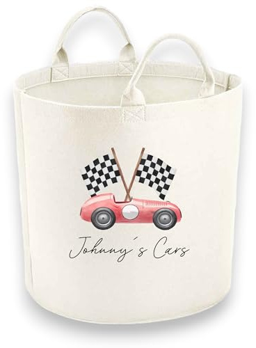 Personalised Child Felt Toy Tub with Red Race Car Print (Various Sizes) Toy Storage Tub | Laundry Basket (Small (30x30cm))